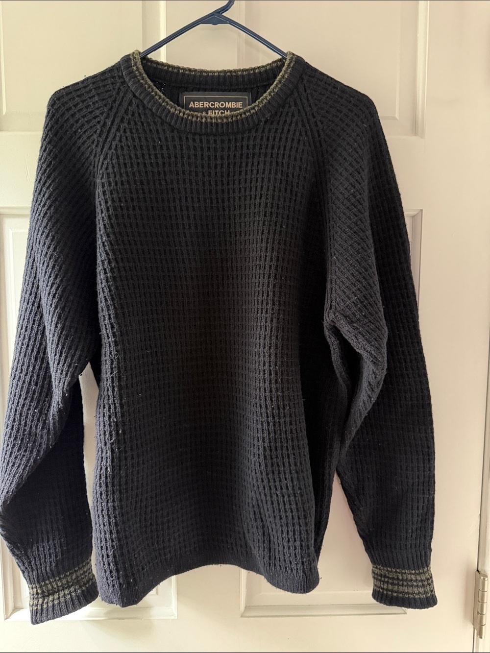 Abercrombie & Fitch Men’s Navy Waffle Knit Crewneck Sweater with Olive Trim